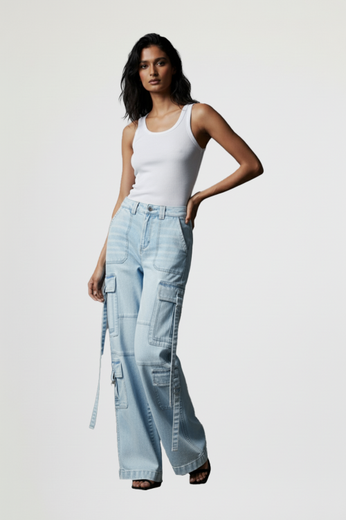 Wide Leg Multi Cargo Pant W D Ring Strap