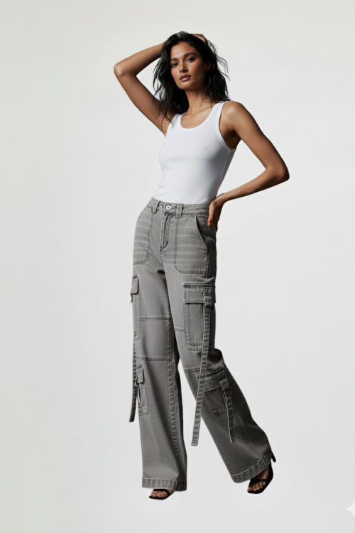 Wide Leg Multi Cargo Pant W D Ring Strap-1